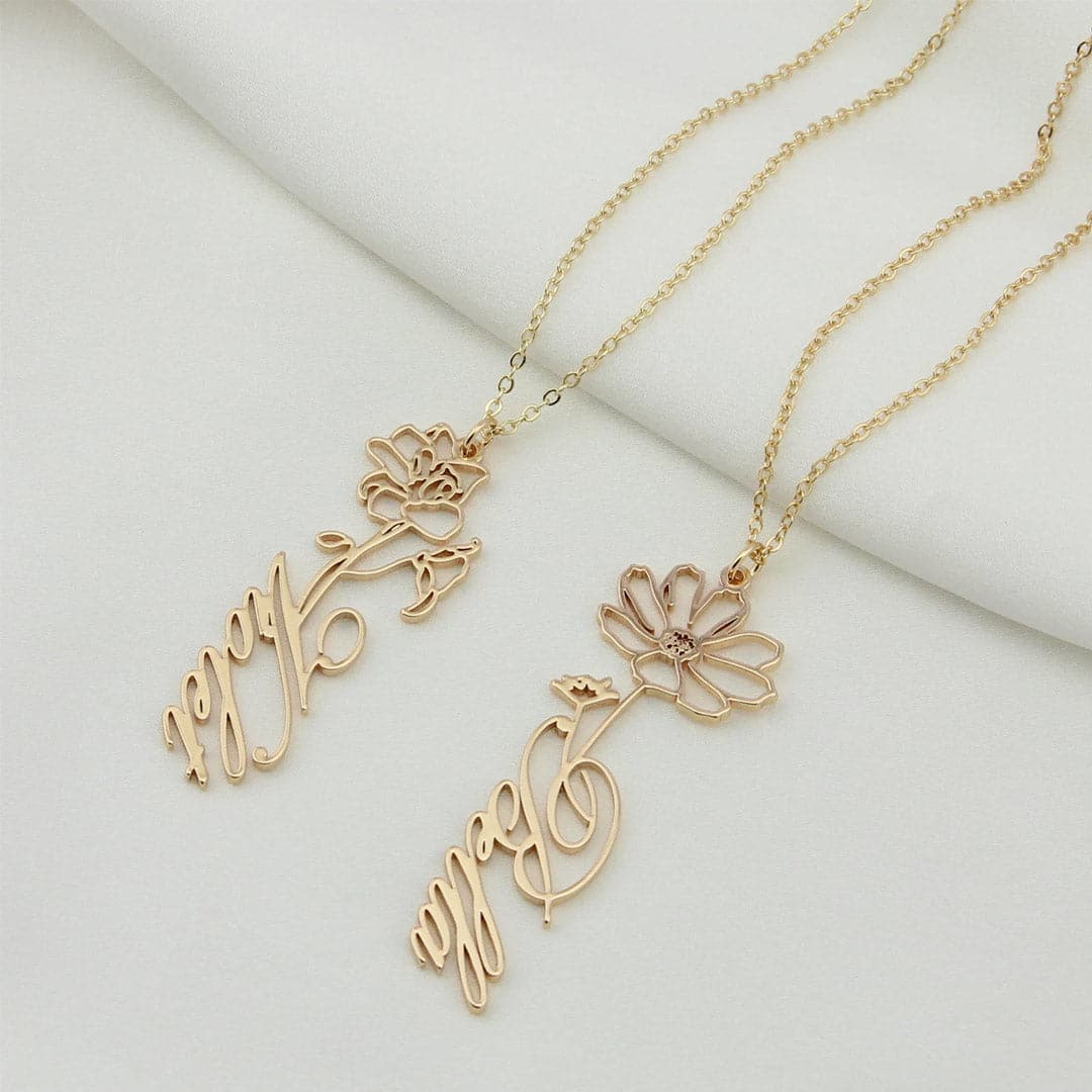 Custom Name Necklace/Ring with Birth Flower dylinoshop