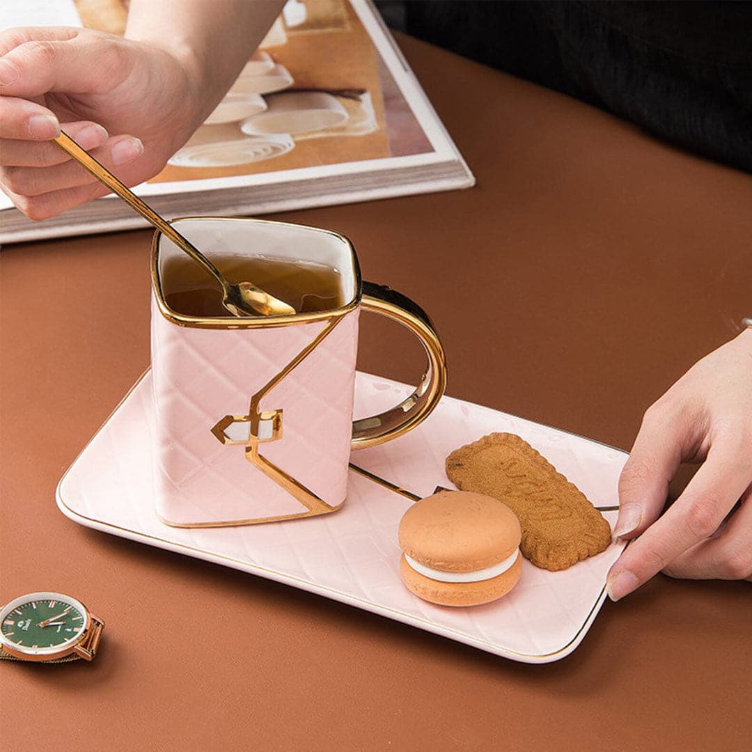 Handbag-Shaped Creative Mug With Saucer & Spoon Feajoy