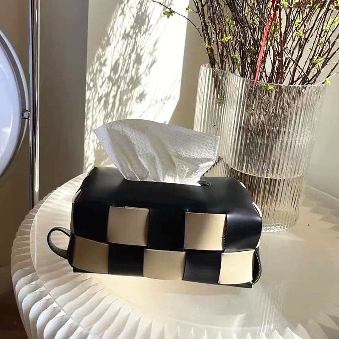 Plaid Woven Leather Tissue Box feajoy