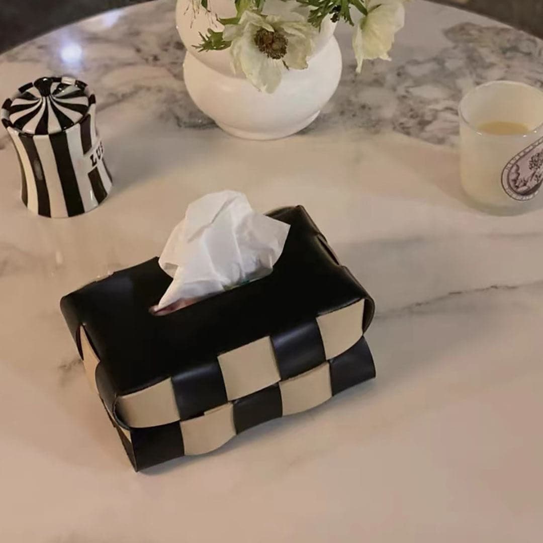 Plaid Woven Leather Tissue Box feajoy