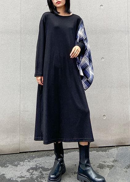 100% black Wardrobes o neck pockets plaid Maxi fall Dress dylinoshop