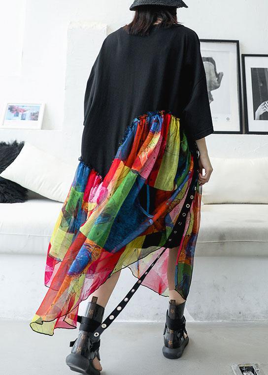 100% black cotton dresses patchwork prints chiffon Traveling summer Dresses dylinoshop