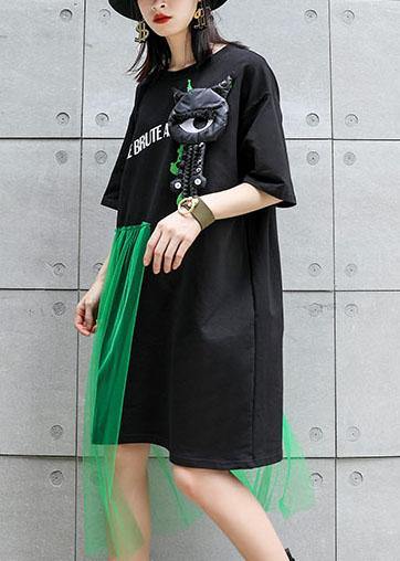 100% black patchwork tulle Cotton tunic dress short sleeve tunic Dresses dylinoshop