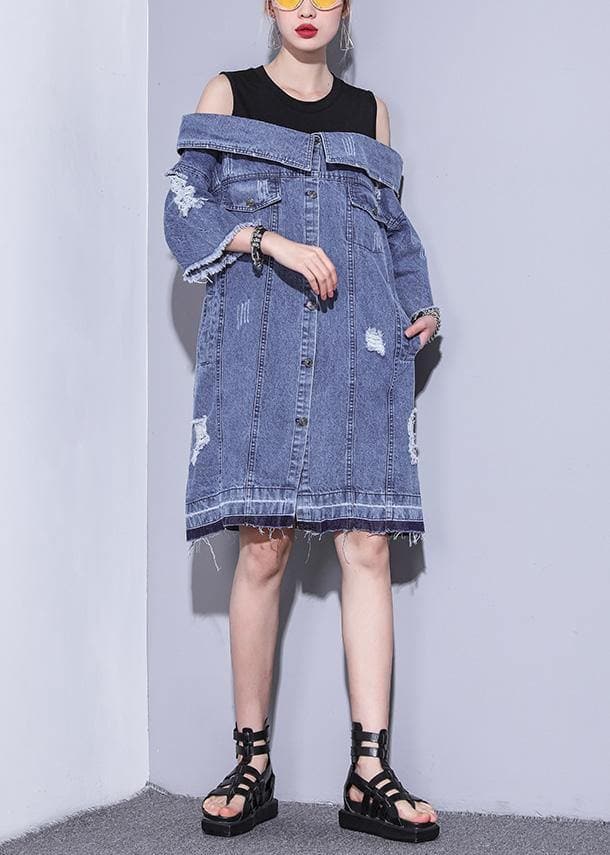 100% denim blue Cotton Long Shirts Slash neck oversized summer Dresses dylinoshop