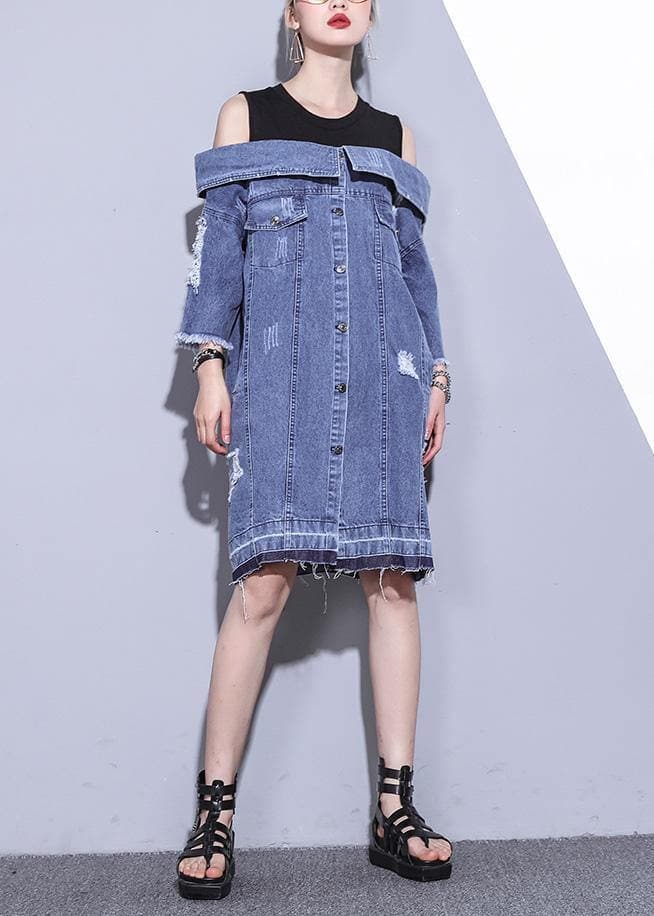 100% denim blue Cotton Long Shirts Slash neck oversized summer Dresses dylinoshop