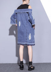 100% denim blue Cotton Long Shirts Slash neck oversized summer Dresses dylinoshop