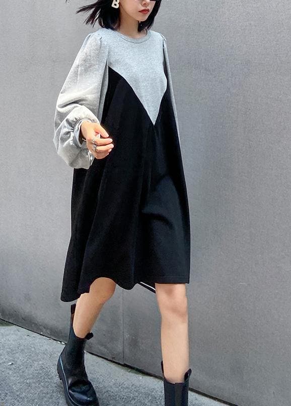 100% gray Robes o neck patchwork black long Dress dylinoshop