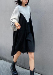 100% gray Robes o neck patchwork black long Dress dylinoshop