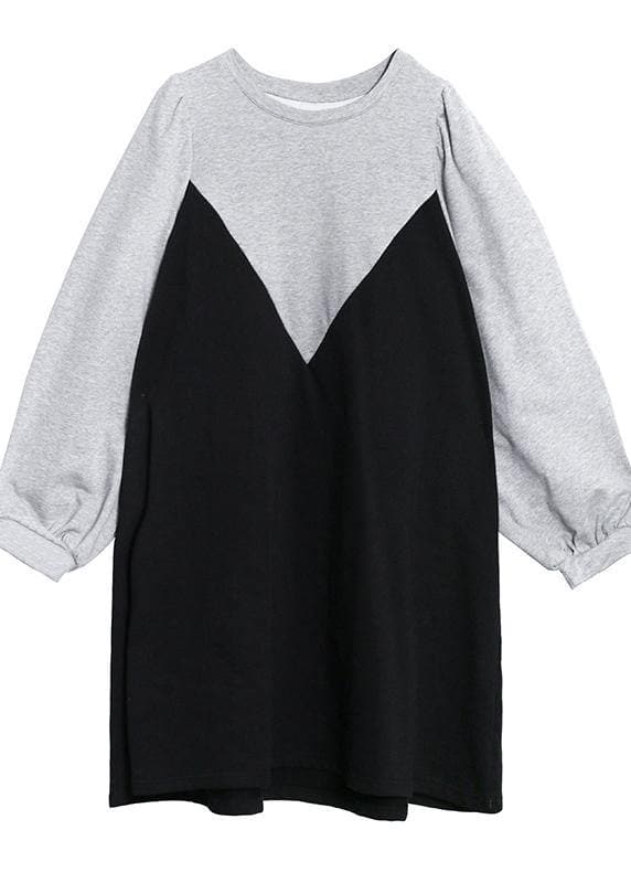 100% gray Robes o neck patchwork black long Dress dylinoshop