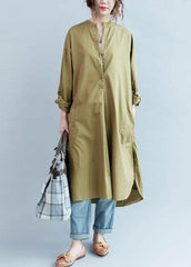 100% khaki cotton clothes Women side open loose fall Dress dylinoshop