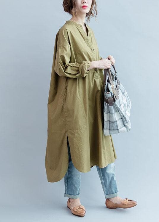 100% khaki cotton clothes Women side open loose fall Dress dylinoshop