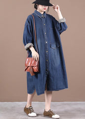 100% lapel patchwork spring outfit Fashion Ideas denim blue long Dress dylinoshop