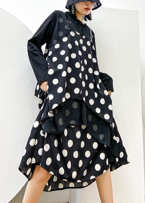 100% o neck asymmetric clothes Tutorials black dotted long Dress dylinoshop