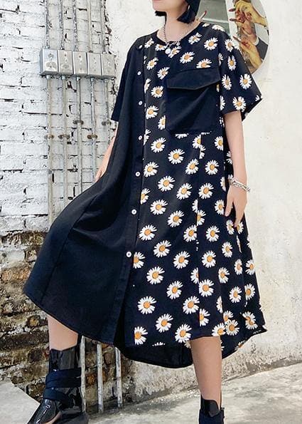 100% o neck asymmetric cotton clothes Shirts black print cotton robes Dress dylinoshop