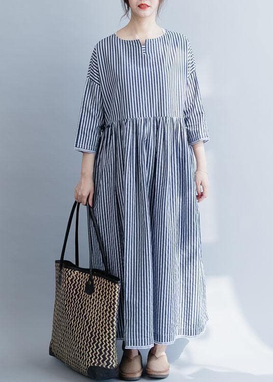 100% o neck half sleeve cotton dresses Neckline blue striped Maxi Dress fall dylinoshop