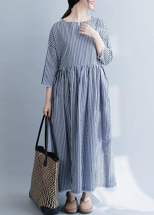 100% o neck half sleeve cotton dresses Neckline blue striped Maxi Dress fall dylinoshop