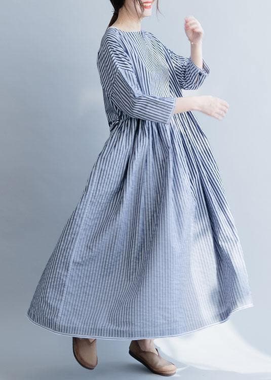 100% o neck half sleeve cotton dresses Neckline blue striped Maxi Dress fall dylinoshop