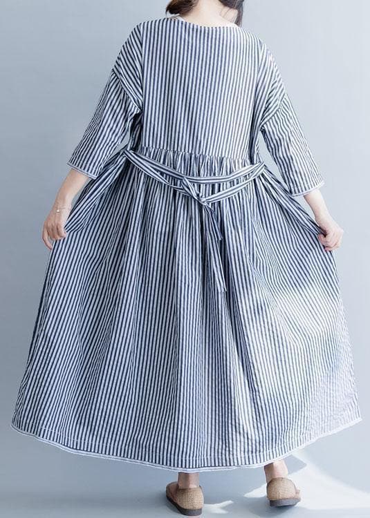 100% o neck half sleeve cotton dresses Neckline blue striped Maxi Dress fall dylinoshop