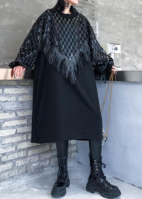 100% o neck patchwork tassel clothes Women Runway black plaid Maxi Dress dylinoshop