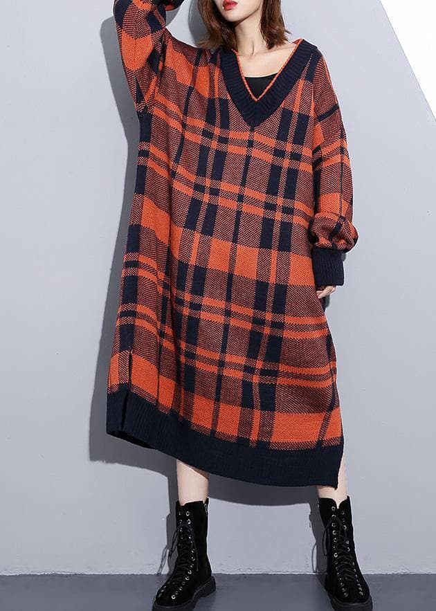 100% side open Cotton v neck dresses Shape red plaid Dresses dylinoshop