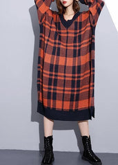 100% side open Cotton v neck dresses Shape red plaid Dresses dylinoshop