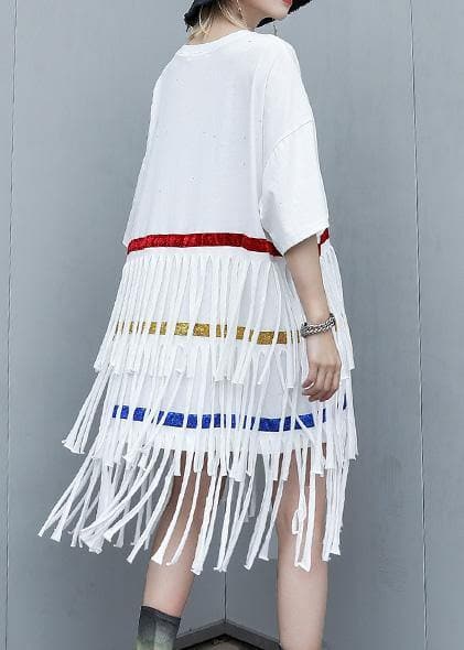 100% white Cotton clothes layered tassel shift summer Dresses dylinoshop