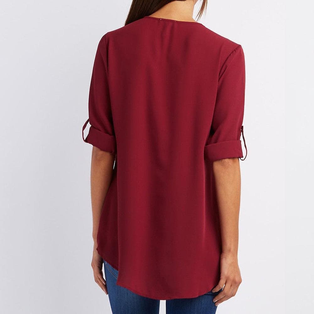 V Neck Zipper Patchwork Plain Blouses luckyidays