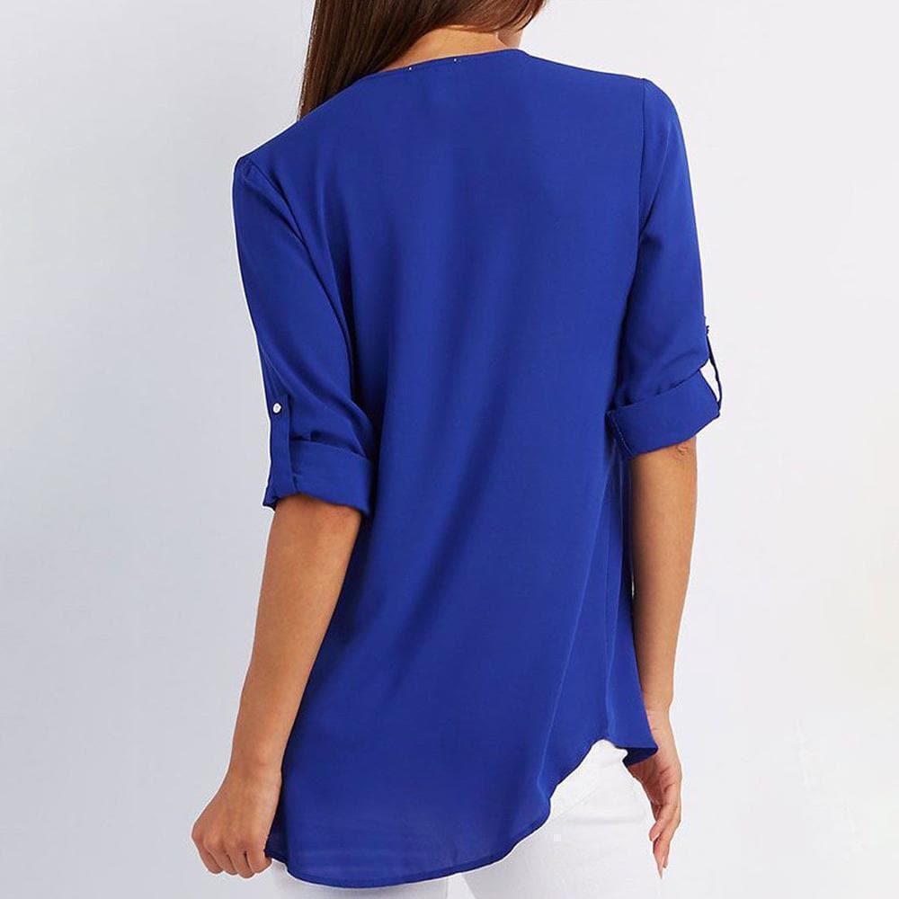 V Neck Zipper Patchwork Plain Blouses sunsetime