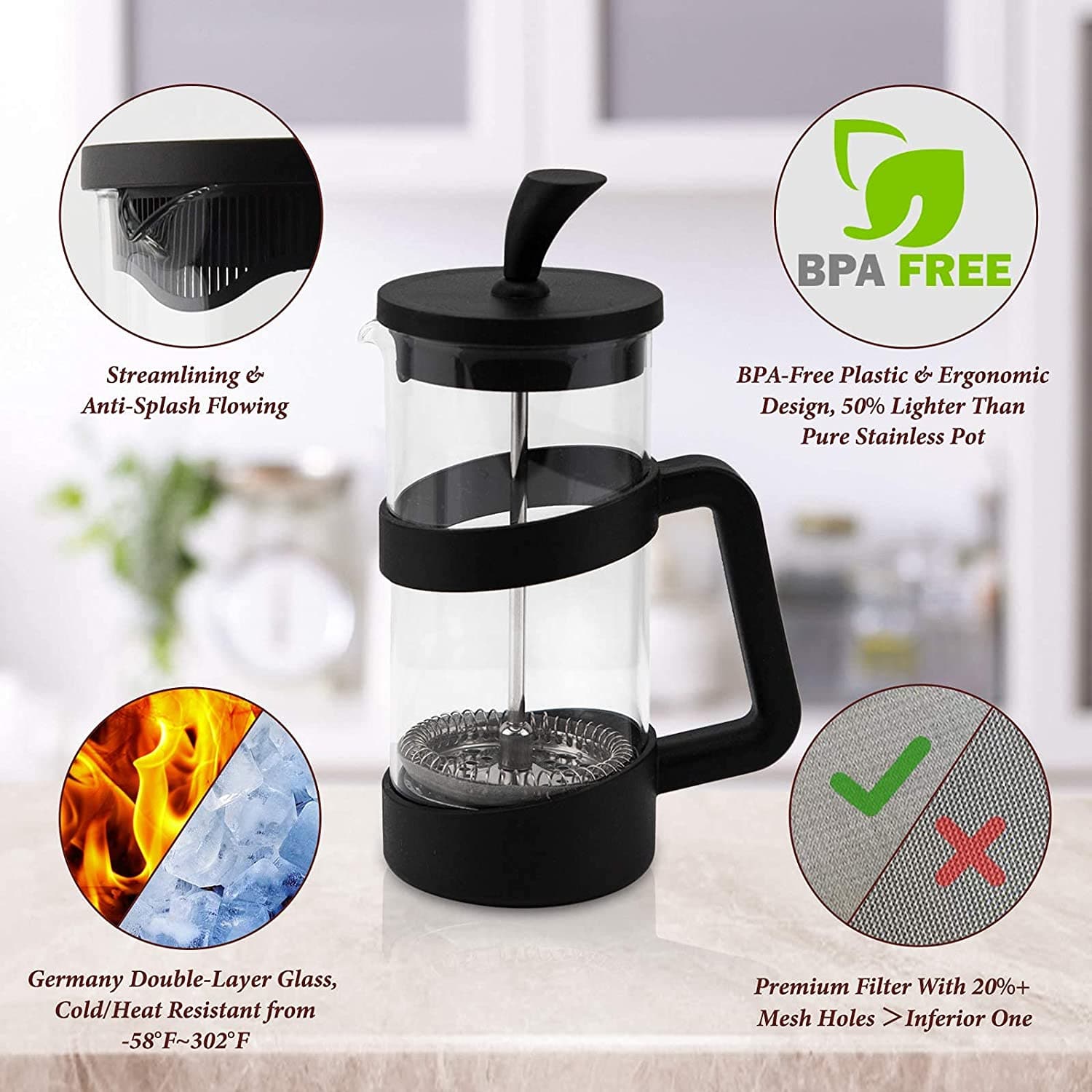 Large Portable French Press Glass Travel Camping Coffee Makers Pot 34 Oz dylinoshop