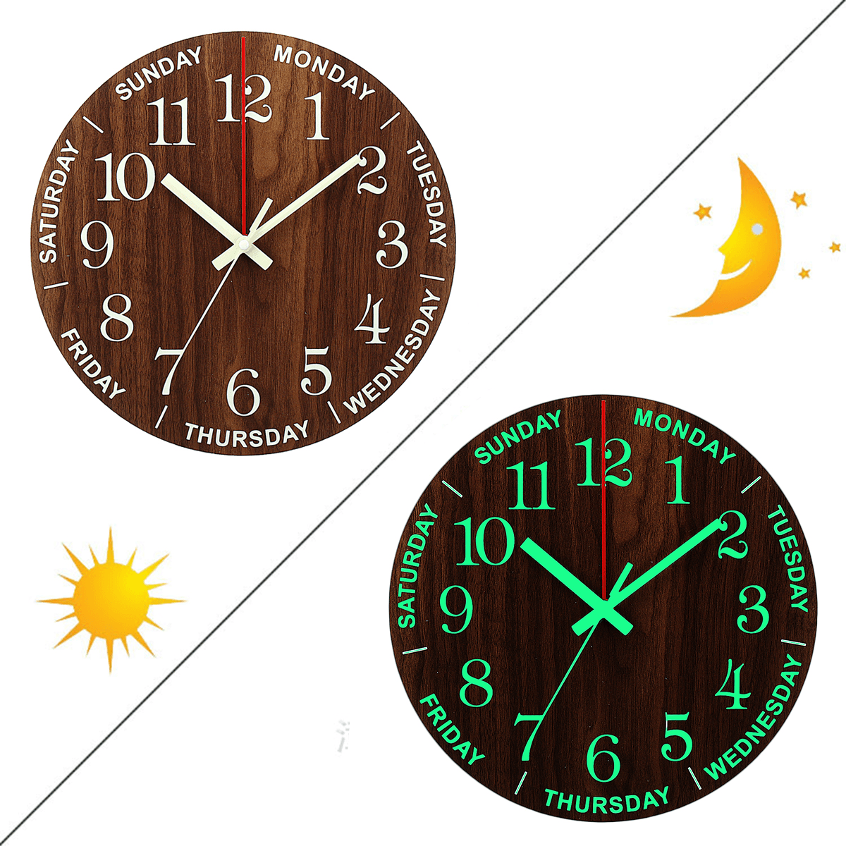 12 Inch Luminous Wall Clock Wooden Silent Non-Ticking Clock with Night Light dylinoshop