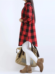 Women Casual Long Sleeve Plaid Loose Pocket Button Long Blouses dylinoshop