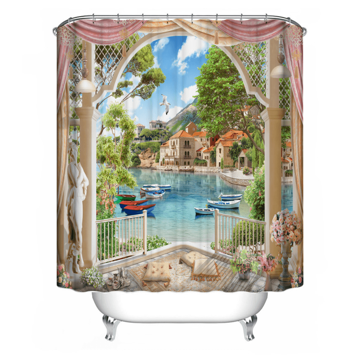 1/3Pcs Bathroom Shower Curtain Mediterranean Sea Printing Set Toilet Cover Mat dylinoshop