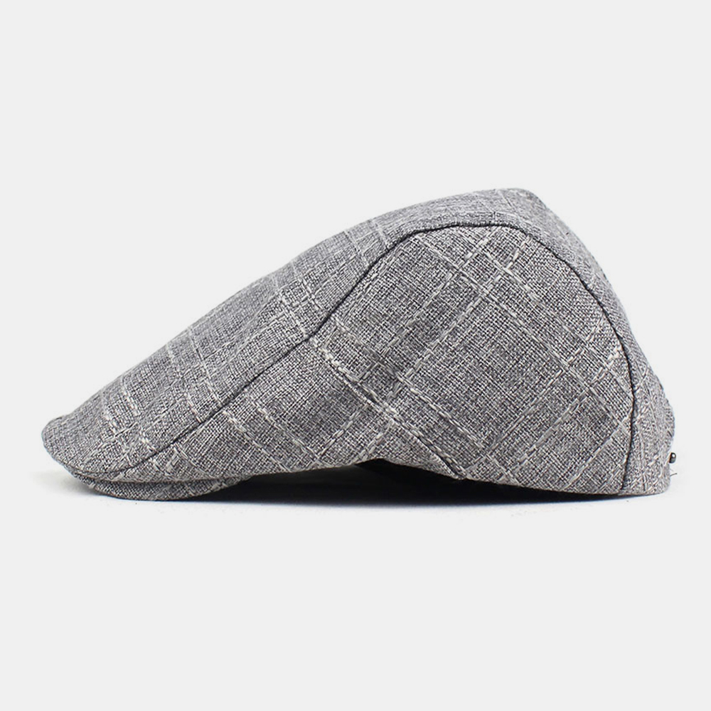 Unisex Cotton-Linen Plaid Pattern Outdoor Sunshade Breathable Beret Cap Flat Hat Forward Hat dylinoshop