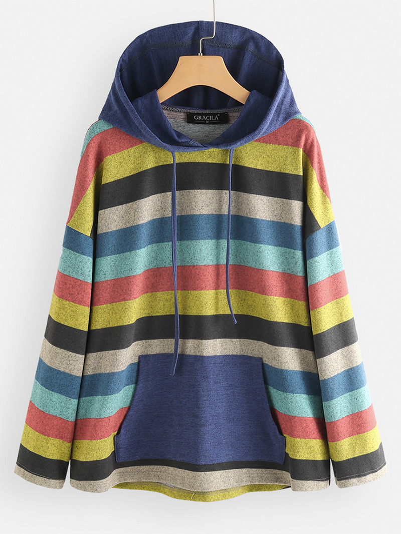 Women Contrast Color Stripe Patchwork Hoodie dylinoshop