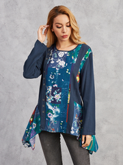 Floral Print Irregular Hem Patchwork Long Sleeve O-Neck Blouse dylinoshop