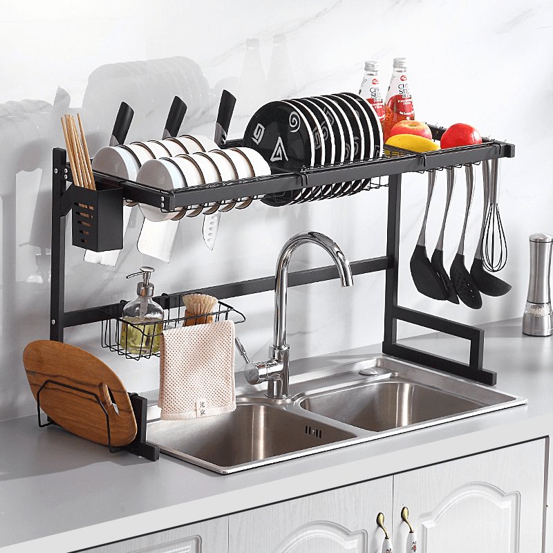 Stainless Kitchen Dish Rack 65/85CM Drainer Cutlery Cup Plates Holder Sink Drip Tray-Single/Double Slot MRSLM