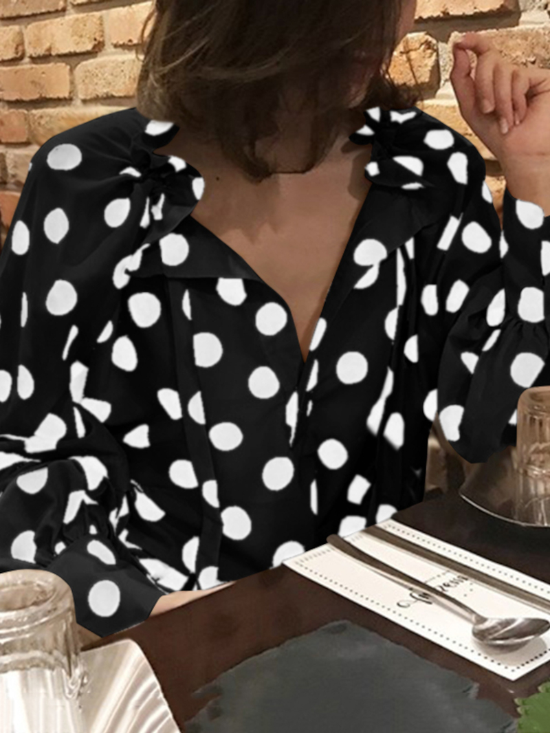 Polka Dots Printing Lantern Sleeve Neckline Bow Tie Casual Blouse for Women dylinoshop