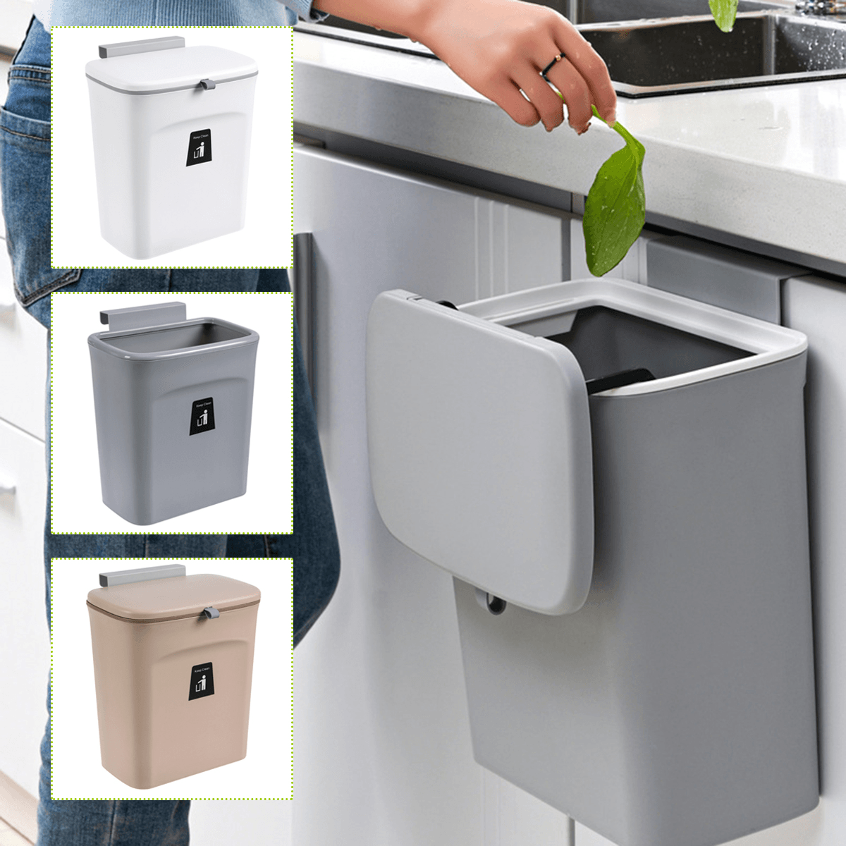 9L Cabinet Door Hanging Trash Can Slide Cover Garbage Bin Waste Storage for Kitchen Bedroom MRSLM