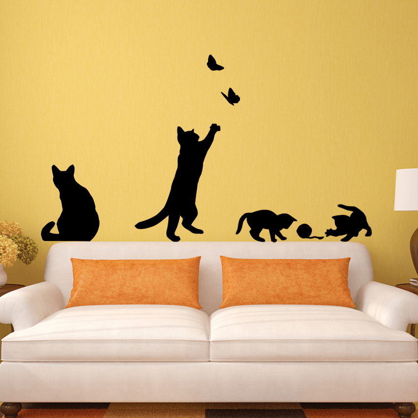 Cat Play Butterflies Wall Sticker Removable Decoration Decals for Bedroom Kitchen Living Room Walls MRSLM