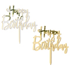 Acrylic Mirror Happy Birthday Gold & Silver Birthday Cake Topper Decorations MRSLM