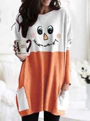 Women Halloween Patchwork Letter Printed Casual Mid-Length Sweatshirts with Pockets dylinoshop