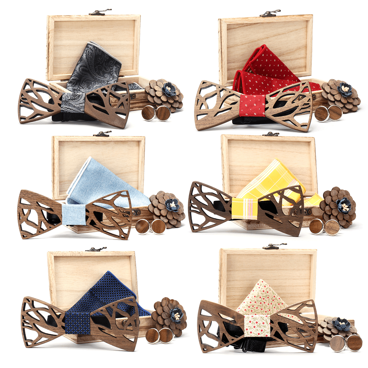 Handkerchief Cufflinks Set Wooden Bow Tie Bowknots for Wedding Pocket Square Hanky Cravat Decor Supplies MRSLM