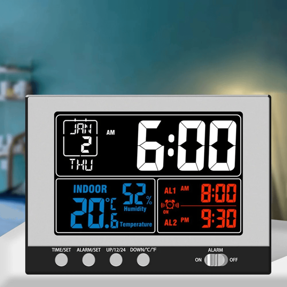 Digital Multifunctional Weather Station Alarm Clock Indoor Thermometer Hygrometer Monitor Large Color Display Clock with Perpetual Calendar Snooze Function MRSLM