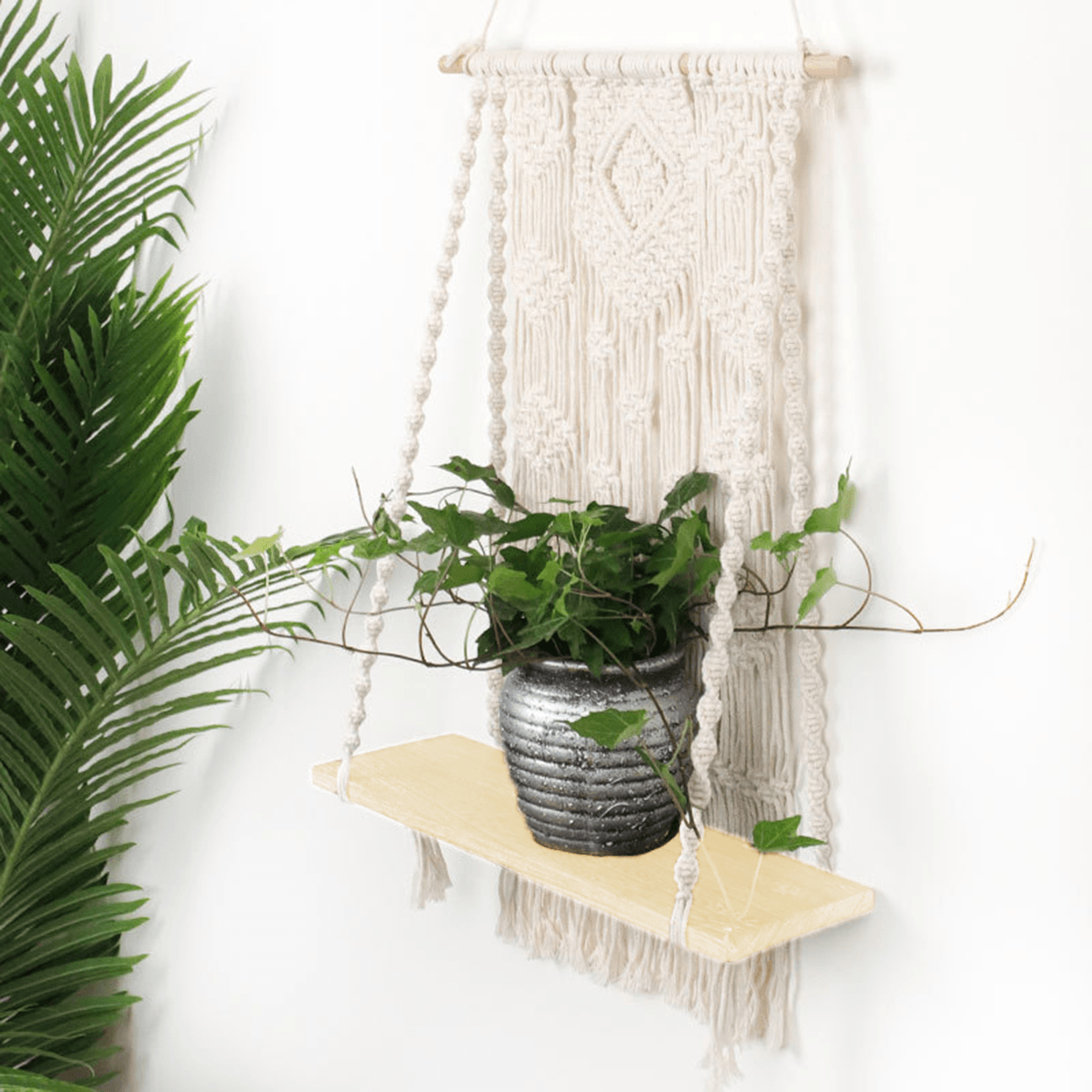 Macrame Plant Hanger Basket Hand Woven Tapestry Wood Pot Shelf Room Decoration MRSLM