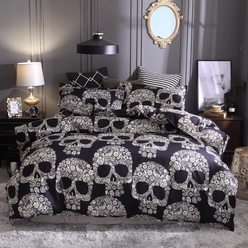 Black White Skull Printed Quilt Cover Pillowcase Halloween Style Bedding Sets MRSLM