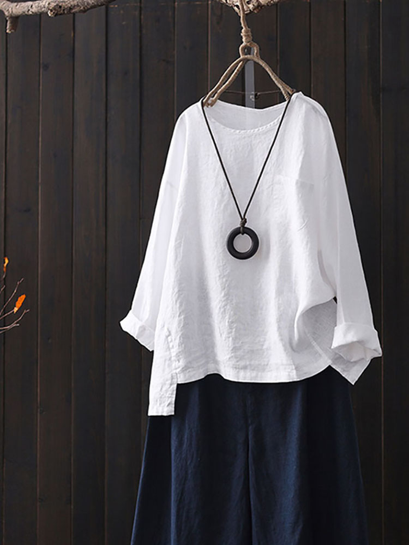 Cotton Crew Neck Split Asymmetric Shirts for Women dylinoshop