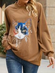 Women Cat Print Solid Color round Neck Casual Loose Pullover Sweatshirt dylinoshop