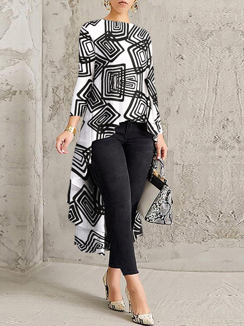 Geometric Printed Irregular Hem O-Neck Casual Long Sleeve Blouse for Women dylinoshop