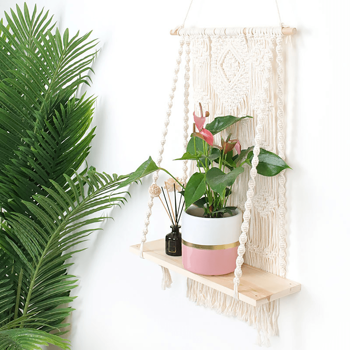 Macrame Plant Hanger Basket Hand Woven Tapestry Wood Pot Shelf Room Decoration MRSLM