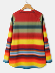 Women Multi Color Ombre Striped O-Neck Raglan Sleeve Casual Sweatshirts dylinoshop